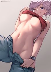 Rule 34 | 1girl, :q, absurdres, areola slip, artist name, blue eyes, breasts, clothes lift, clothes pull, commentary, denim, earrings, fate/grand order, fate (series), groin, highres, jeans, jewelry, large breasts, leaf, lifting own clothes, looking at viewer, maple leaf, miyamoto musashi (fate), miyamoto musashi (traveling outfit) (fate), navel, no bra, no panties, official alternate costume, one eye closed, open fly, pants, pants pull, pink hair, pulling own clothes, queasy s, red shirt, shirt, shirt lift, simple background, sleeveless, sleeveless shirt, solo, stomach, swept bangs, tongue, tongue out, torso flash, twitter logo, twitter username, underboob, watch, wink, wristwatch