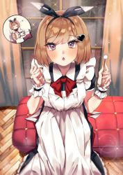 Rule 34 | 1797928123, 1boy, 1girl, alternate costume, apron, ash arms, bf 109 e4 (ash arms), brown hair, chair, commentary request, curtains, hair ornament, headband, highres, looking at viewer, maid, maid apron, open mouth, short hair, sitting, sparkle, window