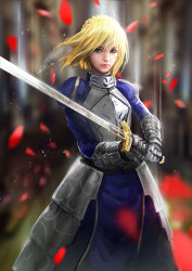 Rule 34 | 1girl, ahoge, armor, armored dress, artoria pendragon (all), artoria pendragon (fate), blonde hair, blue dress, blue eyes, blurry, braid, cglas, depth of field, dress, excalibur (fate/stay night), fate/stay night, fate (series), gauntlets, holding, holding sword, holding weapon, lips, looking at viewer, petals, reflection, saber (fate), signature, solo, sword, upper body, weapon