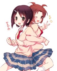 Rule 34 | 2girls, :d, ;d, antenna hair, brown eyes, brown hair, character name, clenched hand, clenched hands, hair ornament, hairclip, iizuka yuzu, ikeno kaede, locked arms, multiple girls, necktie, one eye closed, open mouth, sakura trick, school uniform, simple background, skirt, smile, sweater, tarabagani, v, white background, wink, yuri
