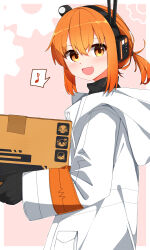 Rule 34 | 1girl, a.i. voice, absurdres, adachi rei, alternate hairstyle, black gloves, border, box, cardboard box, cevio, character request, check character, fee (cevio), from side, futaba minato, gears, gloves, headlamp, headphones, highres, holding, holding box, hood, hood down, hooded jacket, jacket, kasane teto, kasane teto (sv), long sleeves, looking at viewer, looking to the side, mikami jun (haaryan), musical note, one side up, open mouth, orange eyes, orange hair, outside border, pink background, radio antenna, sidelocks, smile, solo, spoken musical note, standing, synthesizer v, turtleneck, upper body, utau, white border, white jacket