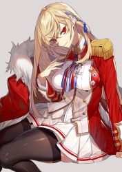 Rule 34 | 1girl, azur lane, black thighhighs, blonde hair, blue ribbon, braid, breasts, closed mouth, epaulettes, french braid, grey background, hair ribbon, hand up, highres, hoe-l, king george v (azur lane), large breasts, long hair, long sleeves, looking at viewer, medal, pleated skirt, red eyes, ribbon, side braid, sidelocks, simple background, single braid, sitting, skirt, smile, solo, thick thighs, thighhighs, thighs