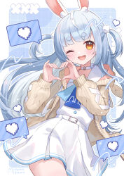 Rule 34 | 1girl, absurdres, animal ears, belt, blue hair, choker, heart, heart hands, highres, hololive, long hair, miyamo (fumifumi no ura), multicolored hair, official alternate costume, one eye closed, open mouth, rabbit-shaped pupils, rabbit ears, short eyebrows, skirt, smile, solo, sweater, symbol-shaped pupils, tied ears, two-tone hair, two side up, usada pekora, usada pekora (casual), virtual youtuber, white choker, white hair, yellow eyes