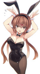 Rule 34 | 1girl, absurdres, alternate costume, animal ears, arms up, black bow, black bowtie, black leotard, black pantyhose, bow, bowtie, breasts, brown eyes, brown hair, detached collar, fake animal ears, fathom, hair bow, hair ornament, hairclip, highres, kantai collection, leotard, long hair, low twintails, medium breasts, pantyhose, playboy bunny, rabbit ears, solo, strapless, strapless leotard, tashkent (kancolle), twintails, wrist cuffs