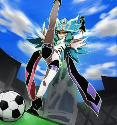 Rule 34 | 1girl, ball, beta (inazuma eleven), blue hair, evil, headset, inazuma eleven, inazuma eleven (series), inazuma eleven go, long hair, multiple persona, purple eyes, soccer ball, thighhighs, what, wings