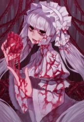 Rule 34 | 1girl, absurdres, blood, blood on face, blood on clothes, bloody dress, blood on hands, bow, commentary, doku-chan (dokkudokudoku), dress, english commentary, gothic lolita, hairband, hands up, heart, heart (organ), highres, holding, holding heart, lips, lolita fashion, long hair, long sleeves, looking at viewer, original, parted lips, solo, very long hair, white bow, white dress, white hair, white hairband, white headdress, yandere