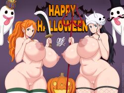 Rule 34 | 2girls, absurdres, bat (animal), breasts, cleavage, curvy, ghost, halloween, happy halloween, hat, highres, holding, holding pitchfork, holding sword, holding weapon, horns, huge breasts, jack-o&#039;-lantern, large areolae, multiple girls, nami (one piece), nico robin, nipples, one piece, oroz kun, pitchfork, sword, thick thighs, thighs, weapon, wide hips
