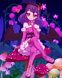 Rule 34 | 1girl, arm warmers, avarita (otoca d&#039;or), avarita (otoca doll), bare shoulders, bat wings, black bow, blush, boots, bow, bridal gauntlets, detached collar, dress, earrings, flower, full body, hairband, heart, heart-shaped pupils, heart earrings, honcha, horn bow, horn ornament, horns, jewelry, crossed legs, lily of the valley, mushroom, otoca d&#039;or, pink bow, pink eyes, pink footwear, pink skirt, purple hair, red bow, short hair, sitting, skirt, smile, solo, strapless, strapless dress, symbol-shaped pupils, thigh boots, thighhighs, waist bow, wings