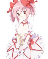 Rule 34 | 1girl, bad id, bad pixiv id, breasts, breasts out, bubble skirt, choker, commentary request, dress, gloves, hair ribbon, head tilt, kaname madoka, looking at viewer, magical girl, mahou shoujo madoka magica, mahou shoujo madoka magica (anime), nipples, partially unbuttoned, pink eyes, pink hair, pink ribbon, ribbon, senjitsu musou, short hair, short twintails, simple background, skirt, small breasts, solo, twintails, white background, white gloves