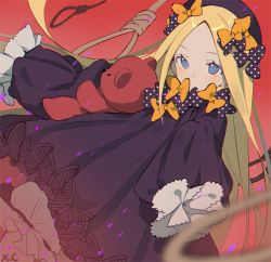 Rule 34 | 1girl, abigail williams (fate), black bow, black dress, black hat, blonde hair, bloomers, blue eyes, blurry, blurry foreground, blush, bow, bug, butterfly, commentary request, covered mouth, depth of field, dress, fate/grand order, fate (series), hair bow, hands in opposite sleeves, hat, insect, long hair, long sleeves, looking at viewer, noose, orange bow, parted bangs, polka dot, polka dot bow, red background, rope, signature, solo, underwear, very long hair, white bloomers, xiao chichi