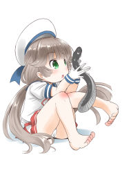 Rule 34 | 1girl, absurdres, barefoot, blue sailor collar, commentary request, eel, full body, gloves, green eyes, grey hair, hat, highres, hip vent, kantai collection, long hair, low twintails, mikura (kancolle), one-hour drawing challenge, panties, pantyshot, pleated skirt, puffy short sleeves, puffy sleeves, red skirt, sailor collar, sailor hat, sailor shirt, shirt, short sleeves, simple background, sitting, skirt, solo, taisinkoku, twintails, underwear, white background, white gloves, white hat, white panties, white shirt
