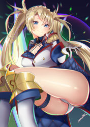 Rule 34 | 1girl, ass, beam shield, blonde hair, blue eyes, boots, bradamante (fate), bradamante (second ascension) (fate), braid, breasts, chromatic aberration, cleavage, clothes lift, coat, crown braid, epaulettes, fate/grand order, fate (series), gloves, highres, long hair, military, military uniform, shield, signature, smile, solo, twintails, uniform, zotari