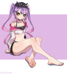 Rule 34 | 1girl, absurdres, barefoot, ecchi-o, feet, green eyes, hat, highres, hololive, long hair, looking at viewer, purple hair, soles, toes, tokoyami towa, twintails, virtual youtuber