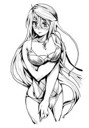 Rule 34 | 1girl, bikini, blush, breasts, cleavage, embarrassed, floating hair, greyscale, jewelry, large breasts, long hair, looking to the side, monochrome, narigaya, necklace, nose blush, shizuki shizukawa, solo, super robot wars, super robot wars x-omega, swimsuit, very long hair, white background
