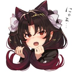 Rule 34 | 1girl, angry, animal ear fluff, animal ears, black shirt, blush, bow, brown hair, cat ears, ear blush, fang, gradient hair, hair bow, hands in hair, kemonomimi mode, long sleeves, looking at viewer, multicolored hair, nyan, open mouth, parted bangs, red eyes, red hair, ryuuou no oshigoto!, shirabi, shirt, simple background, solo, twintails, upper body, v-shaped eyebrows, white background, white bow, yashajin ai