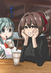 Rule 34 | 2girls, aqua hair, black sweater, bow, bowtie, breasts, brown eyes, brown hair, bubble tea, bubble tea challenge, collared shirt, cup, disposable cup, drinking straw, drinking straw in mouth, grey eyes, hair ornament, hair ribbon, hairclip, highres, indoors, ise (kancolle), jewelry, kantai collection, large breasts, long hair, long sleeves, multiple girls, object on breast, ponytail, red bow, red bowtie, red ribbon, ribbon, ring, school uniform, shirt, short hair, suzuya (kancolle), suzuya kai ni (kancolle), sweater, tsun&#039;ichi (tsun1), wedding band, white shirt