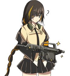 Rule 34 | 1girl, ?, assault rifle, beta c-mag, black hair, black necktie, braid, braided ponytail, carbine, commentary request, confused, double-drum magazine, drum magazine, eyepatch, girls&#039; frontline, gun, haguruma c, high-capacity magazine, highres, m16, m16a1, m16a1 (girls&#039; frontline), m231 firing port weapon, magazine (weapon), metal gear (series), metal gear solid 3: snake eater, necktie, patriot (metal gear), rifle, single braid, skirt, solo, weapon