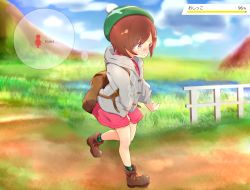 Rule 34 | 1girl, 22m, backpack, bag, beret, between legs, blue sky, blush, brown eyes, brown footwear, brown hair, cardigan, closed mouth, cloud, creatures (company), day, dress, embarrassed, english text, female focus, fence, flat chest, from side, game freak, gloria (pokemon), grass, green hat, green socks, grey cardigan, hand between legs, hat, have to pee, highres, japanese text, leg up, long sleeves, matching hair/eyes, nintendo, nose blush, outdoors, pink dress, plaid, plaid legwear, pokemon, pokemon swsh, shoes, short hair, sideways mouth, sky, socks, solo, standing, standing on one leg, tears, thought bubble, translated, urine meter, walking, wavy mouth
