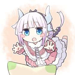 Rule 34 | 1girl, :o, asameshi, beads, black hairband, blue eyes, blunt bangs, blush, capelet, commentary, dress, frills, full body, hair beads, hair ornament, hairband, horns, jumping, kanna kamui, kobayashi-san chi no maidragon, long hair, long sleeves, looking at viewer, open mouth, outstretched arms, pink dress, purple hair, solo, twintails