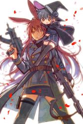 Rule 34 | 2girls, age difference, animal ears, assault rifle, blue hair, brown eyes, brown hair, cape, coat, commentary request, elbow gloves, facial mark, feet out of frame, gloves, gun, hat, height difference, holding, holding weapon, itou hachi, long hair, multiple girls, onee-loli, original, rabbit ears, rifle, simple background, sitting on shoulder, skirt, thighhighs, trench coat, weapon, white background, witch hat, yuri