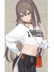 Rule 34 | 1girl, bag, black skirt, blush, brown hair, casual, character name, choker, commentary request, cowboy shot, girls&#039; frontline, hair between eyes, hand on own hip, handbag, headphones, headphones around neck, highres, long hair, long sleeves, looking at viewer, midriff, navel, official alternate costume, one side up, open mouth, scar, scar across eye, shirt, skirt, smile, solo, striped clothes, striped skirt, ump45 (corona sunset) (girls&#039; frontline), ump45 (girls&#039; frontline), vii22581034, white shirt, yellow eyes