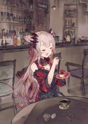 Rule 34 | 1girl, nanashi inc., alcohol, bad id, bad pixiv id, bar (place), bare shoulders, blush, bottle, breasts, chair, cleavage, cleavage cutout, closed eyes, clothing cutout, cone hair bun, cup, demon girl, detached sleeves, dress, drinking glass, eating, female focus, food, gradient hair, hair bun, hanarito, highres, holding, honey strap, long hair, medium breasts, multicolored hair, open mouth, pink hair, pointy ears, pudding, shot glass, sitting, sketch, sleeveless, sleeveless dress, solo, spirits (alcohol), suou patra, teacup, virtual youtuber, white hair, wine bottle