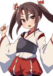 Rule 34 | 1girl, alternate hairstyle, brown eyes, brown hair, commission, hachimaki, hakama, hakama shorts, headband, highres, japanese clothes, kantai collection, kv-san, looking at viewer, muneate, red shorts, shorts, simple background, solo, striped headband, w arms, white background, wide sleeves, zuihou (kancolle)