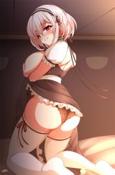 Rule 34 | 1girl, ass, azur lane, black panties, blush, breasts, breasts out, choker, commentary request, crossed bangs, from behind, hair between eyes, hairband, indoors, lace-trimmed hairband, lace trim, large breasts, looking at viewer, looking back, panties, parted lips, puffy sleeves, red eyes, red ribbon, ribbon, sayossa (pak-front), short hair, short sleeves, sidelocks, sirius (azur lane), smile, solo, underwear, white hair