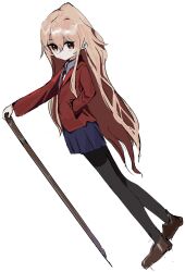 Rule 34 | 1girl, absurdres, aisaka taiga, black pantyhose, blazer, blue skirt, bokken, brown eyes, brown footwear, closed mouth, collared shirt, commentary, donut 335, full body, hair between eyes, hand in pocket, highres, jacket, loafers, long hair, long sleeves, looking at viewer, necktie, oohashi high school uniform, pantyhose, pleated skirt, red jacket, red necktie, school uniform, shirt, shoes, simple background, skirt, solo, standing, sword, toradora!, very long hair, weapon, white background, white shirt, wooden sword