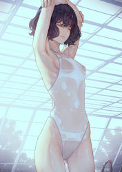 Rule 34 | 1girl, armpits, arms up, breasts, closed eyes, competition swimsuit, cowboy shot, hair between eyes, highres, kaoming, ladder, one-piece swimsuit, original, pool, pool ladder, rei no pool, short hair, sideboob, small breasts, solo, standing, stretching, swimsuit, tree, wet, wet clothes, white one-piece swimsuit, window