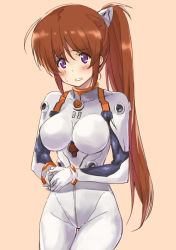 Rule 34 | 1girl, ahoge, ayanami rei, ayanami rei (cosplay), bad id, bad pixiv id, blush, bodysuit, bracer, breasts, brown hair, clenched teeth, cosplay, cowboy shot, gloves, headgear, highres, impossible bodysuit, impossible clothes, interlocked fingers, large breasts, long hair, looking at viewer, lyrical nanoha, mahou shoujo lyrical nanoha strikers, neon genesis evangelion, nervous, own hands clasped, own hands together, parted lips, plugsuit, ponytail, purple eyes, raised eyebrows, shirogane (fox), side ponytail, sidelocks, simple background, solo, sweatdrop, takamachi nanoha, teeth, thigh gap, turtleneck, very long hair