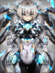 Rule 34 | 1girl, angel, blonde hair, blue eyes, bodysuit, breasts, clothing cutout, commentary request, halo, headgear, highres, ibispaint (medium), looking at viewer, mecha musume, mechanical wings, original, short hair, small breasts, solo, stomach cutout, user zwga8247, white bodysuit, wings