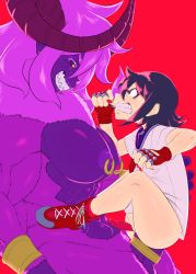 Rule 34 | 2futa, black eyes, black hair, boots, bottomless, breasts, clenched teeth, cock ring, demon, ear piercing, eye contact, full-package futanari, futa with futa, futanari, giant, giantess, gloves, highres, horns, kiyoshi2431, large insertion, looking at another, multiple futa, nail polish, nipple piercing, nipple rings, nude, penis, piercing, pink fur, pink hair, pointy ears, pussy, red nails, school uniform, sex, sex toy, sharp teeth, size difference, stomach bulge, teeth, thighs, uncensored