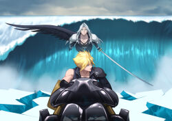 Rule 34 | 2boys, aqua eyes, armor, black gloves, black jacket, black shirt, black wings, blonde hair, blurry, blurry background, chest strap, cloud strife, collarbone, eilinna, feathered wings, final fantasy, final fantasy vii, final fantasy vii advent children, flying, gloves, grey hair, hair between eyes, holding, holding sword, holding weapon, jacket, long bangs, long hair, looking back, male focus, masamune (ff7), multiple boys, on motorcycle, outdoors, parted bangs, parted lips, popped collar, sephiroth, shirt, short hair, shoulder armor, single bare shoulder, single wing, spiked hair, sword, waves, weapon, wings