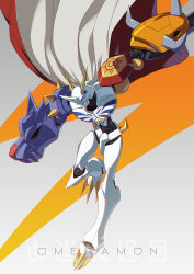 Rule 34 | arm blade, armor, blue eyes, cape, character name, degarashi (ponkotsu), digimoji, digimon, digimon (creature), full body, gradient background, grey background, highres, horns, multiple heads, omegamon, red cape, shield, shoulder armor, spikes, two-sided cape, two-sided fabric, weapon, white armor, white cape