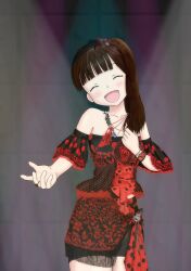 Rule 34 | 1girl, animification, brown hair, closed eyes, detached sleeves, dress, happy, headband, highres, hime cut, imai asami, jewelry, long hair, looking at viewer, lp-oogami, music, necklace, real life, red dress, singing, spotlight, strapless, strapless dress, upper body