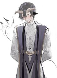 Rule 34 | 1boy, animal ears, arm behind back, black hair, blush, clerical collar, closed eyes, demon boy, demon cleric, demon tail, embarrassed, goat ears, goat horns, hair between eyes, highres, horns, looking down, male focus, maou-jou de oyasumi, shy, simple background, standing, suechimu, sweat, tail, tail wagging, upper body