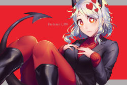 Rule 34 | 1girl, animal ears, ao tamari, artist name, black footwear, black horns, black suit, blush, boots, breasts, commentary request, demon girl, demon horns, demon tail, formal, frown, hair ornament, hand on own chest, heart, heart-shaped pupils, heart hair ornament, helltaker, horns, jacket, jpeg artifacts, knee boots, knees up, large breasts, long sleeves, looking at viewer, medium hair, modeus (helltaker), pantyhose, red background, red eyes, red pantyhose, red sweater, red theme, ribbed sweater, sitting, solo, suit, sweater, symbol-shaped pupils, tail, turtleneck, white hair
