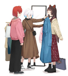 Rule 34 | 3girls, alternate costume, ange katrina, animal ears, aqua hair, aran sweater, bag, black choker, black footwear, black pants, blue eyes, boots, breasts, brown dress, brown hair, cable knit, choker, closed eyes, clothes hanger, colored inner hair, commentary, cross-laced footwear, dog ears, dog tail, dress, floral print, from side, full body, handbag, highres, inui toko, isshiki (ffmania7), jacket, lize helesta, long hair, long sleeves, looking at another, mirror, multicolored hair, multiple girls, nijisanji, open mouth, pants, pink jacket, plaid, plaid dress, profile, purple eyes, red hair, red skirt, shoes, shopping, short hair, silver hair, simple background, skirt, sleeves past wrists, small breasts, smile, sneakers, standing, straight hair, streaked hair, sweater, symbol-only commentary, tail, turtleneck, two-tone hair, virtual youtuber, white background, yellow sweater