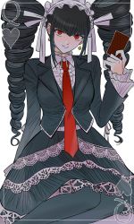 Rule 34 | 13x39, 1girl, absurdres, black hair, bonnet, card, celestia ludenberg, center frills, collared shirt, danganronpa: trigger happy havoc, danganronpa (series), drill hair, earrings, frills, gothic lolita, grin, hand up, heart, highres, jacket, jewelry, lace, lace-trimmed skirt, lace trim, layered skirt, lolita fashion, long hair, long sleeves, looking at viewer, necktie, open clothes, open jacket, pantyhose, playing card, red eyes, red necktie, shirt, simple background, skirt, smile, solo, teeth, twin drills, twintails, white background