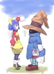 Rule 34 | 00s, 1girl, ?, black mage (final fantasy), blue eyes, blue hair, bow, child, eiko carol, final fantasy, final fantasy ix, from side, gloves, hat, highres, pants, pantyhose, snowflyer, striped clothes, striped pants, striped pantyhose, sweatdrop, tiptoes, translation request, vertical-striped clothes, vertical-striped pants, vivi ornitier, white wings, wings, wizard hat, yellow bow