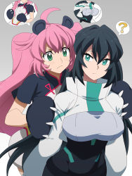 Rule 34 | 2girls, ?, animal ears, animal hands, black hair, bodysuit, bouncing breasts, breast envy, breasts, fake animal ears, flat chest, gloves, gundam, gundam build divers, gundam build divers re:rise, highres, holding another&#039;s arm, large breasts, looking back, looking down, may (gundam build divers re:rise), momo (gundam build divers), multiple girls, panda ears, paw gloves, pink hair, shrug (clothing), silver meteor, twintails, yashiro momoka