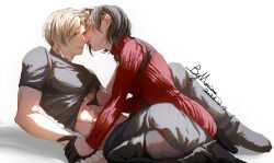 Rule 34 | 1boy, 1girl, ada wong, black gloves, black hair, blush, brown hair, clothes lift, dress, gloves, hand on another&#039;s chest, highres, imminent kiss, leon s. kennedy, merianaka, parted lips, red sweater, resident evil, resident evil 4, resident evil 4 (remake), shirt lift, short hair, simple background, smile, sweater, turtleneck, turtleneck dress, turtleneck sweater