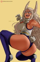 Rule 34 | 1girl, animal ears, anus, anus peek, ass, bare shoulders, boku no hero academia, breasts, clothing cutout, dark-skinned female, dark skin, from side, fur collar, gloves, grey hair, hair between eyes, hand up, heattech leotard, hellzwyn, highres, leotard, long hair, looking at viewer, mirko, open mouth, partially visible anus, partially visible vulva, rabbit ears, rabbit girl, rabbit tail, red eyes, simple background, smile, solo, spread legs, squatting, superhero costume, tail, tail through clothes, tan, thighhighs, toned, turtleneck, twisted torso, very long hair, watermark, web address, yellow background
