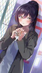 Rule 34 | 1girl, black jacket, blush, bottle, brown eyes, chain-link fence, commentary request, dress, dutch angle, fence, hair between eyes, hands up, high ponytail, highres, holding, holding bottle, idolmaster, idolmaster shiny colors, jacket, long hair, open clothes, open jacket, parted lips, ponytail, purple hair, shaka (staito0515), shirase sakuya, solo, vending machine, white dress