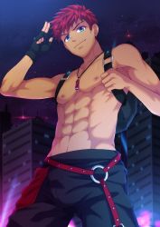 Rule 34 | 1boy, abs, absurdres, backpack, bag, black gloves, black pants, blue eyes, bulge, camp buddy, closed mouth, fingerless gloves, gloves, highres, jewelry, looking at viewer, male focus, mikkoukun, navel, necklace, night, night sky, nipples, outdoors, pants, red hair, rex (camp buddy), short hair, single glove, sky, smile, solo, toned, toned male, topless male