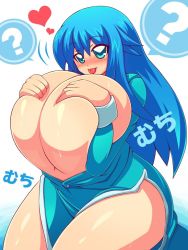 Rule 34 | ?, blue eyes, blue hair, blush, grabbing another&#039;s breast, breasts, cleavage, gigantic breasts, grabbing, heart, raion-san, smile, source request, sylpheed, thick thighs, thighs, tongue, translated, zero no tsukaima