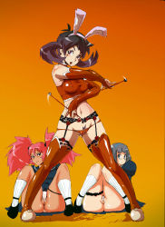 3girls animal_ears ass bare_shoulders black_hair boots breasts bridal_gauntlets cameltoe covered_erect_nipples elbow_gloves female_pubic_hair garter_belt garter_straps gloves gradient_background multiple_girls navel panties pink_hair pubic_hair rabbit_ears short_hair twintails underwear white_panties yunioshi