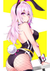 Rule 34 | 1girl, animal ears, ass, back, bare shoulders, blush, bow, bowtie, breasts, commentary request, cu-no, detached collar, earrings, fake animal ears, fishnet pantyhose, fishnets, hair between eyes, hisen kaede, jewelry, large breasts, leotard, long hair, looking at viewer, looking back, nail polish, pantyhose, pink hair, playboy bunny, purple eyes, rabbit ears, rabbit tail, solo, tail, wrist cuffs, yayoi sakura