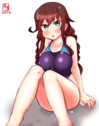 Rule 34 | 1girl, alternate costume, artist logo, blue eyes, blue one-piece swimsuit, blush, braid, breasts, brown hair, chestnut mouth, collarbone, competition swimsuit, dated, feet out of frame, hair between eyes, hair over shoulder, highleg, highleg swimsuit, highres, kanon (kurogane knights), kantai collection, large breasts, long hair, looking at viewer, noshiro (kancolle), one-piece swimsuit, open mouth, signature, simple background, sitting, solo, swimsuit, twin braids, wet, wet clothes, wet swimsuit, white background